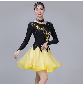 Women's black with yellow competition latin dance dresses salsa rumba chacha dance dress