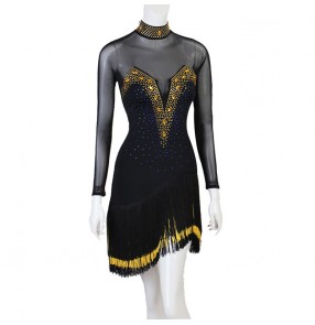 Women's black with yellow fringes diamond competition latin dance dress rhythm salsa chacha dance dresses