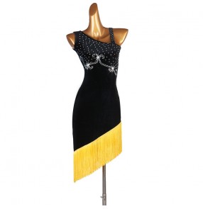 Women's black with yellow fringes latin dance dresses salsa rumba chacha dance costumes dresses