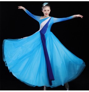 Women's blue color modern dance choir stage performance dress singers group dancers stage performing long dresses