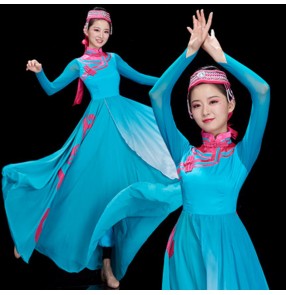 Women's blue color mongolian dance dress stage performance mongolia drummer performing robes dresses