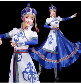 Women's blue colored mongolian dresses stage performance chinese folk dance robes mongolia stage performance dresses