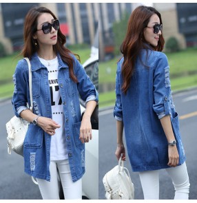 Women's Blue denim jacket mid-length casual ripped coat Women's denim trench coat