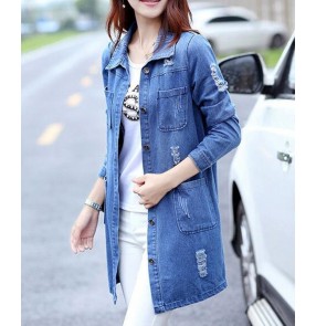 Women's Blue denim middle length ripped coat mid-length loose denim long sleeves trench coat for women