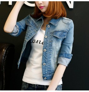 Women's Blue denim short jacket short Korean style spring and autumn short jacket Slim-fit denim top clothes for lady