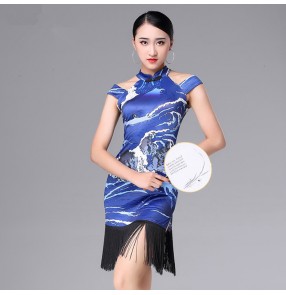 Women's blue floral latin dresses for female lady cheongsam stage performance competition salsa rumba cahcha dance costumes