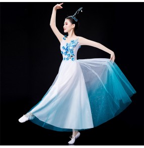 Women's blue gradient chinese folk dance costumes fairy traditonal yangko fan dance dress