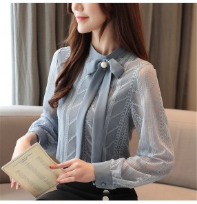 Women's Blue grey office lady shirt blouses bowknot collar bottoming shirt long-sleeved spring lace shirt loose fashion trend top