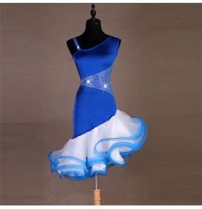 Women's blue latin dance dresses rhinestones ruffles skirts professional ballroom rumba chacha salsa chacha dance skirts costumes dress