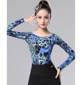 Women's blue leopard latin dance tops ballroom waltz tango dance blouses shirts for female 