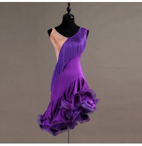 Women's blue purple tassels competition latin dance dress latin dance costumes salsa rumba chacha dance dresses