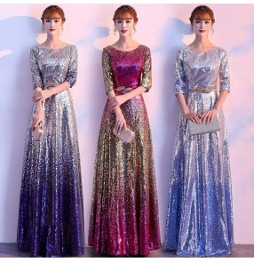 Women's blue sequins evening dresses banquet anniversary party host singers chorus stage performance dress