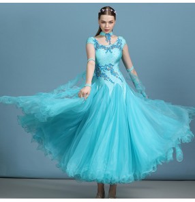 Women's blue white competition ballroom dancing dresses waltz tango long length dresses