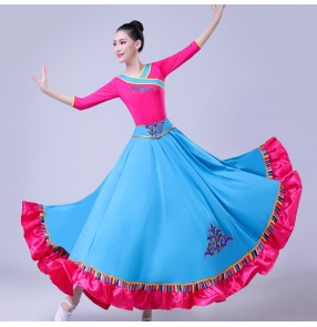 Women's blue with pink Mongolian dance dresses square dance dance big swing skirt Tibetan performance costume monglia minority practice skirts