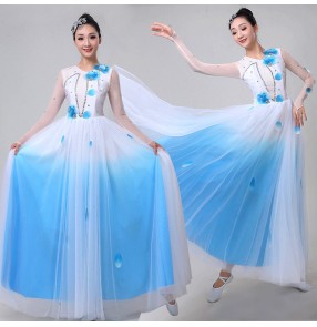 Women's blue with white  modern dance dresses opening dance choir chorus stage performance dress costumes