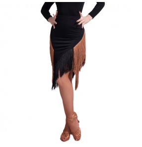 Women's chacha salsa rumba samba latin dance skirts black with brown tassels competition professional dance skirts