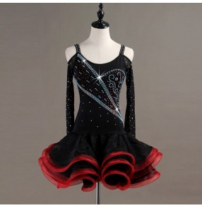 Women's children latin dance dresses black with red rhinestones rumba salsa chacha samba dance dresses skirt