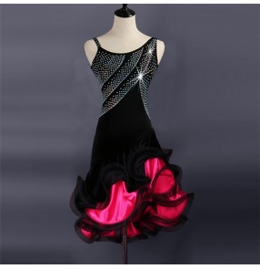 Women's children latin dancing dresses rhinestones black red pink patchwork stones competition ballroom salsa chacha rumba dancing cosutumes