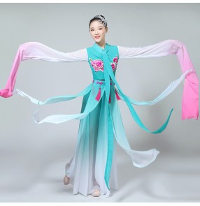 Women's china folk dance dresses turquoise gradient color fairy ancient traditional drama hanfu Japanese kimono classical dancing stage performance competition costumes