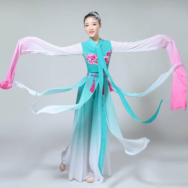Women s china folk dance dresses turquoise gradient color fairy