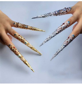 Women's chinese ancient traditional qing drama empress cosplay metal false long nail fake nail protector 3pieces