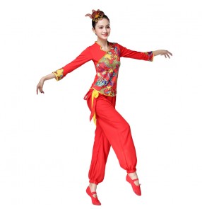 Women's chinese dragon folk dance costumes red color china traditional yangko umbrella fan drmmer dance costumes for female