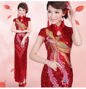 Women's chinese dresses cosktail wedding party evening dresses traditional phenix stage performance singers host dresses cheongsam dress
