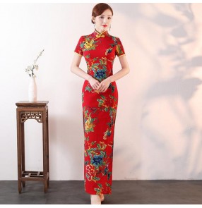 Women's chinese dresses flowers cheongsam trditional oriental retro vintage qipao dresses host model stage performance dresses
