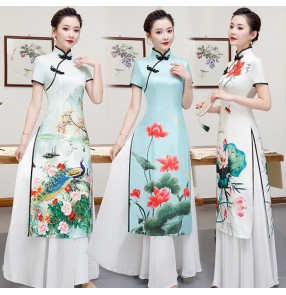 Women's chinese dresses traditional chinese lotus printed oriental style Qipao dresses cheongsam stage performance dresses