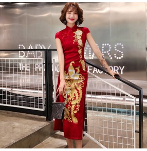 Women's chinese dresses wedding party cocktail party bride dresses traditional china qipao dragon phenix embroidered pattern cheongsam  dreses