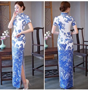 Women's Chinese dresses  white and blue oriental dragon qipao dresses traditional cheongsam dresses