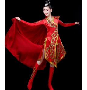 Women's chinese drummer performance dress chines folk dance costumes yangko fan umbrella dance dresses