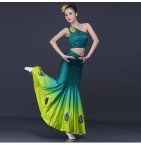 Women's chinese ethnic folk Dai dance costume fishtail skirt Dai dance performance costume art examination costumes peacock belly dance dress