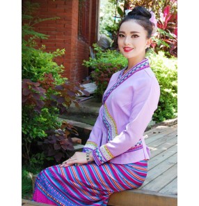 Women's Chinese folk costumes Yi traditional Thailand party holiday celebration photos stage performance work uniforms drama cosplay dresses