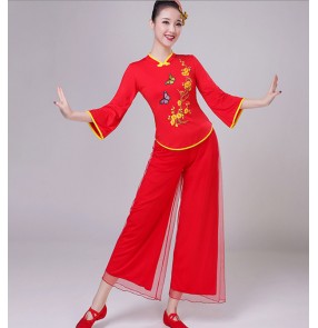 Women's chinese folk dance clothes ancient traditional classical yangko umbrella dance clothing red colored drummer group dance clothes