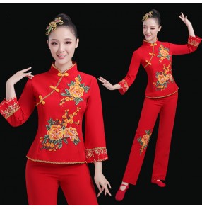 Women's chinese folk dance costume yangko fan dance suit adult female Yangko performance costume fan dance chinese waist drum costumes for women