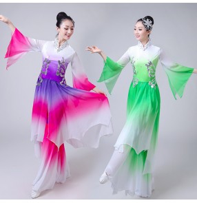 Women's chinese folk dance costumes ancient traditional classical oriental butterfly dance dresses violet green colored yangko fan dance dresses