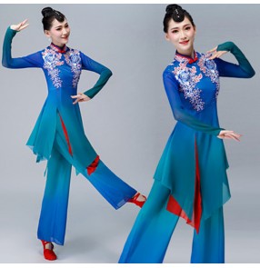 Women's Chinese folk dance costumes blue colored yangge fan umbrella china traditional dance dresses costumes