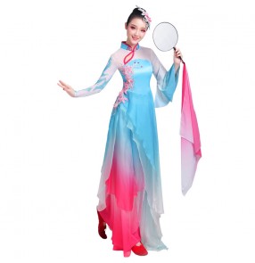 Women's chinese folk dance costumes blue with pink fairy hanfu yangko umbrella dance costumes traditional classical dance dresses