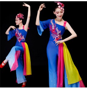 Women's chinese folk dance costumes china traditional dance royal blue yange fan umbrella stage performance fan dance dresses