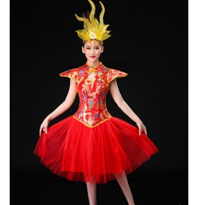 Women's chinese folk dance costumes dragon drummer performance dresses yangko traditional fance dance dresses