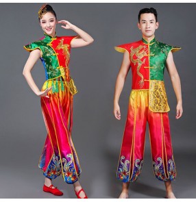 Women's chinese folk dance costumes dress for women male ancient traditional dragon style drummer yangko stage performance tops and pants