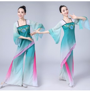 Women's Chinese folk dance costumes for female green fairy gradient stage performance ancient traditional classical yangko cosplay dresses