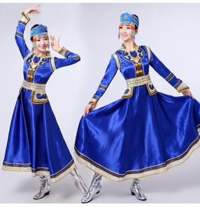 Women's chinese folk dance costumes for female royal blue red ancient traditional Mongolian grassland dancing dress robes