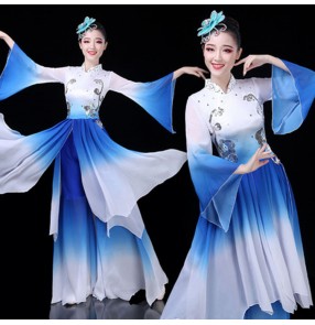 Women's chinese folk dance costumes girls blue green yangko fan umbrella fairy stage performance classical dance dress costumes