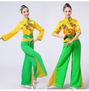 Women's chinese folk dance costumes green with yellow yangko fan dance costumes 