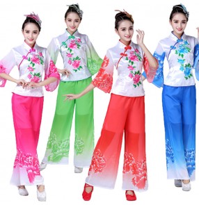 Women's chinese folk dance costumes pink red blue ancient traditional yangko stage performance umbrella fan dance dresses