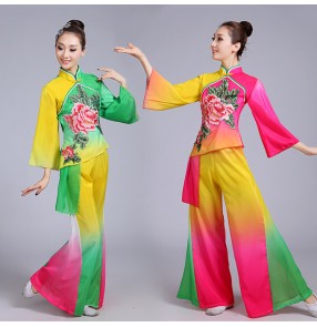 Women's chinese folk dance costumes rainbow colored ancient traditional stage performance yangko fan umbrella dance dresses