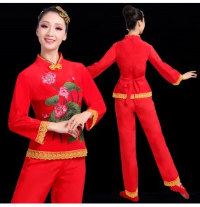 women's Chinese folk dance costumes red color Yangko clothing waist drum clothing square dance china traditional fan umbrella dance performance clothing