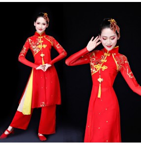 Women's Chinese folk dance costumes red dragon drummer dress ancient traditional yangko fan umbrella dance dresses